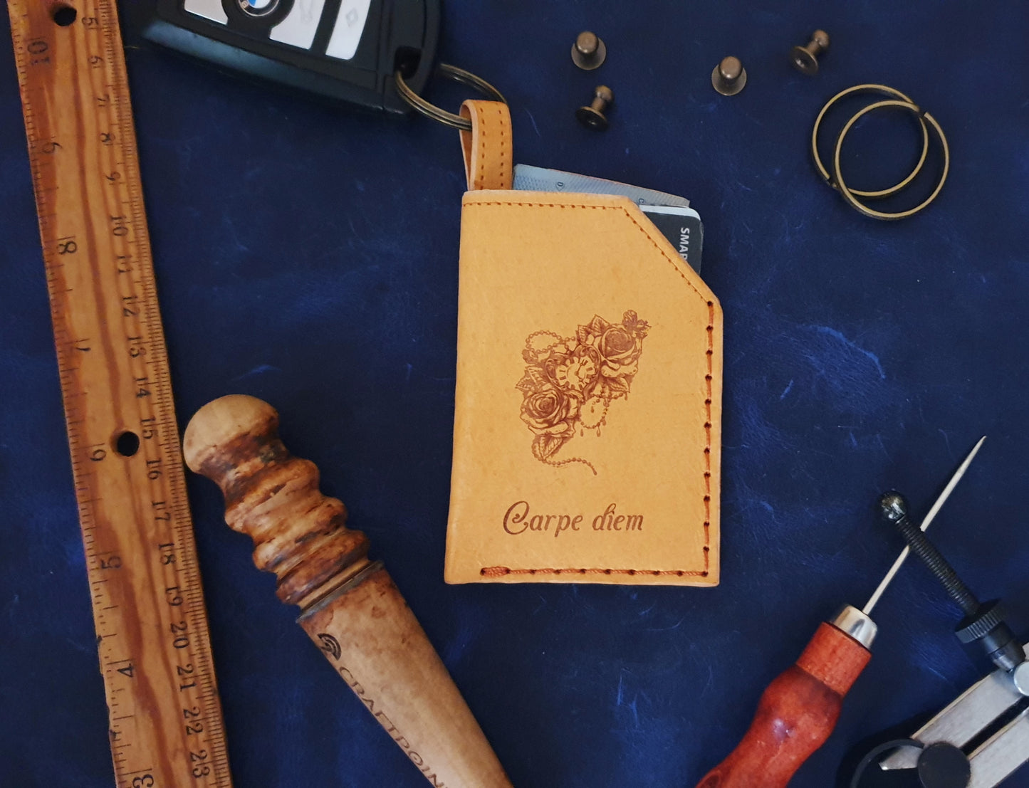 Carpe diem (Seize the day). Leather key chain Card holder-8